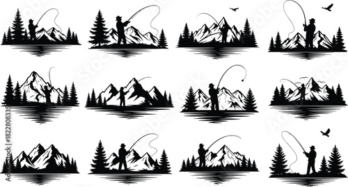 Set of fisherman silhouette vector illustrations with fly fishing rod in mountain and pine forest landscape black and white outdoor nature adventure badge icons