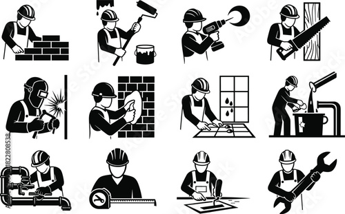 Construction worker icons showing bricklaying painting drilling sawing welding tiling plumbing and more