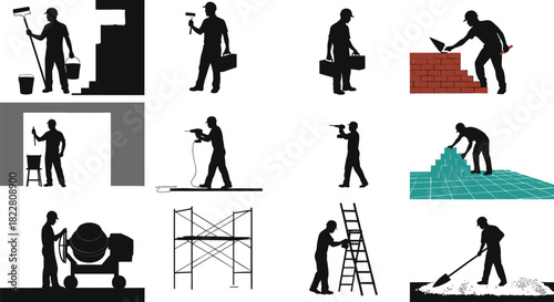 Construction workers performing various tasks with tools and equipment silhouette building