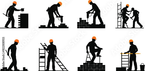 Construction workers silhouettes performing various building tasks with tools and equipment vector