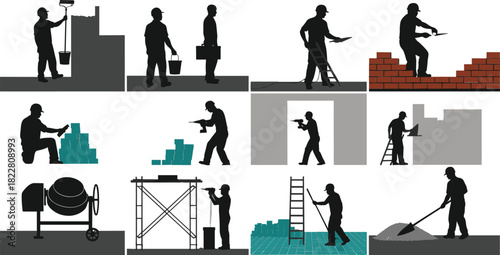 Construction workers performing various tasks with tools and materials silhouette building