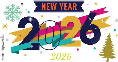 New Year 2026 celebration with festive ribbons and snowflakes vector