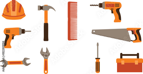 Orange and brown construction tools and safety helmet arranged on white hammer drill