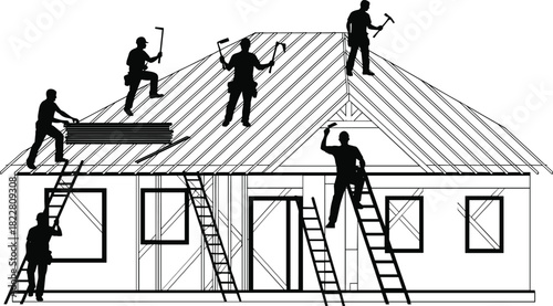 Silhouettes of construction workers building a house roof with tools and ladders vector
