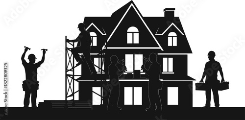 Silhouetted construction workers building a house with tools and scaffolding silhouettes