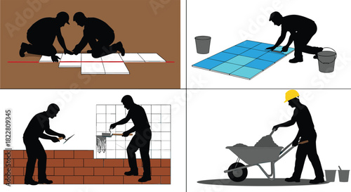 Silhouettes of construction workers laying tiles and building brick wall tiling 1