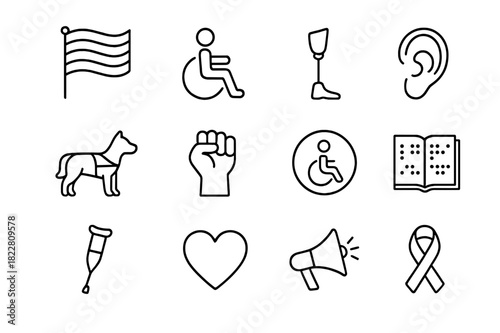Disability Pride Icons. Disability pride kit. Line outline icon set of disability pride kit: rainbow flag,