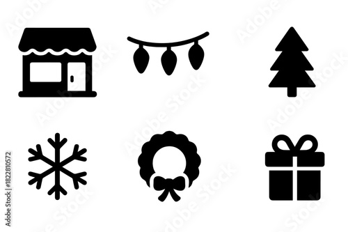 Winter Shopfront Icons. Winter shopfront. Filled icon set of winter shopfront: shop facade, Christmas lights,