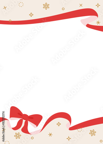 リボンのデコレーションフレーム、背景、雪の装飾、縦向き
