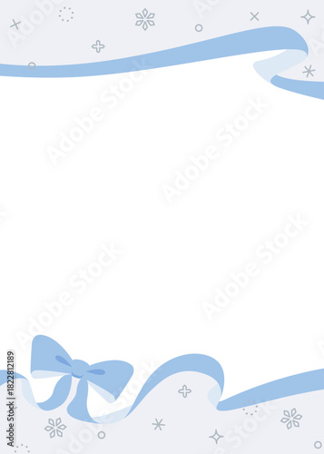 リボンのデコレーションフレーム、背景、雪の装飾、縦向き