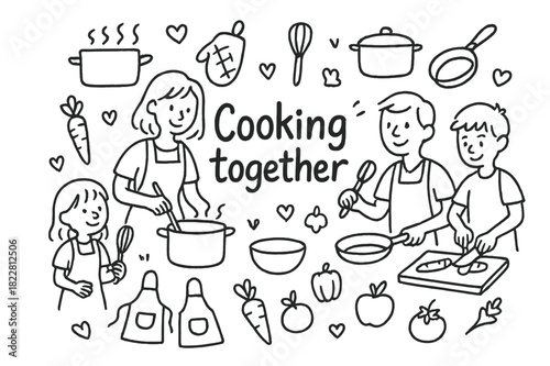 Family Cooking Doodle. Cooking together. Hand-drawn doodle illustration of Cooking together. family, stove,