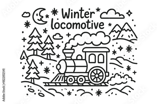 Winter Train Doodle. Winter locomotive. Hand-drawn doodle illustration of winter locomotive. Train engine,