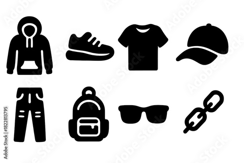 Casual Streetwear Icons. Casual Streetwear. Filled icon set of Casual Streetwear: hoodie, sneakers, t-shirt,