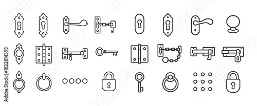 Collection of door handles, locks, keys, chain bolts, and keyholes in minimalist icons
