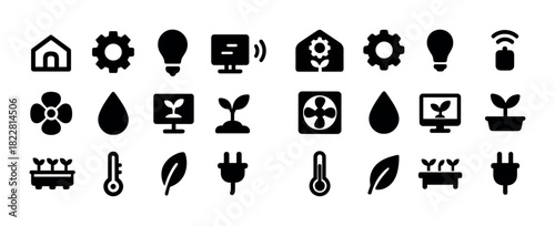 Black glyph icons for smart home technology and indoor gardening