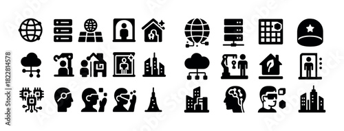 Set of black icons: cloud, cityscape, virtual reality, database, robotics