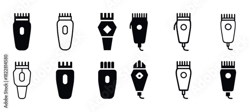 Set of twelve hair clipper icons in black and white design