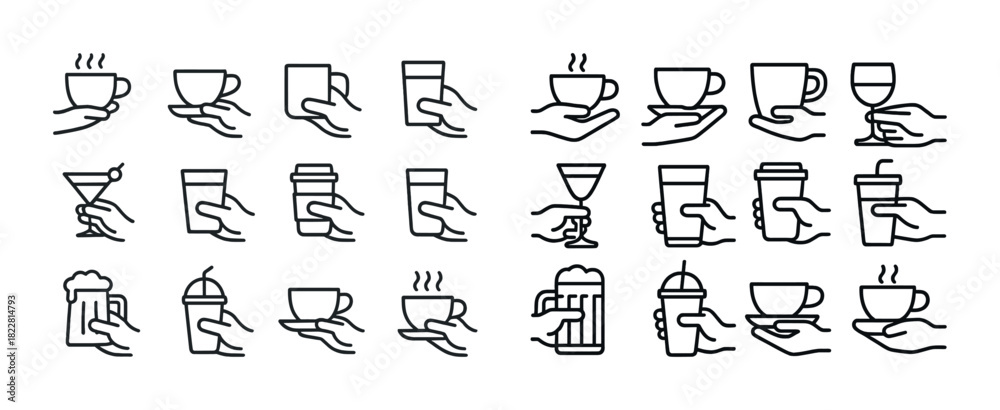 Naklejka premium Various hand gestures holding different drink types in line art style
