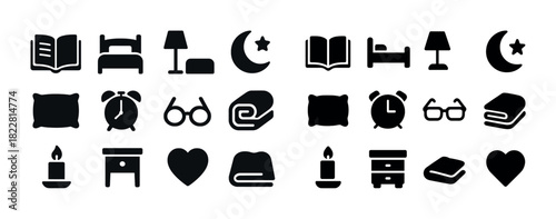 Collection of black silhouette icons: book, bed, lamp, moon, clock, pillow