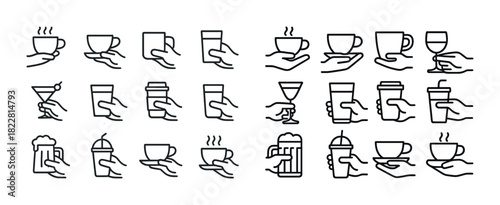 Various hand gestures holding different drink types in line art style