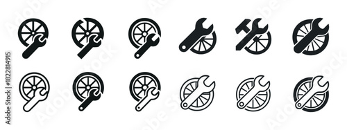 Bicycle repair icons: wheels and tools in black and white set