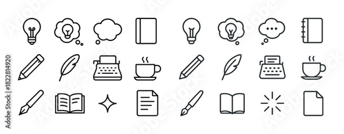 Creative icon set: writing, ideas, and communication symbols