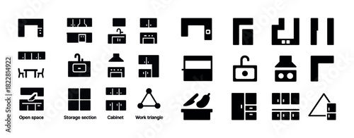 Kitchen layout symbols: counters, sinks, cabinets, appliances, storage