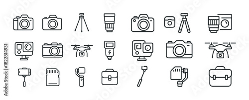 Camera and drone icon set with tripod lens and accessories