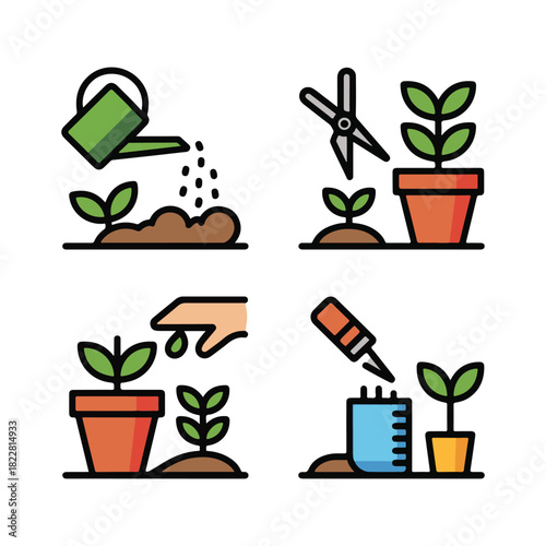 Four icons showing plant care watering pruning fertilizing and potting soil sprout