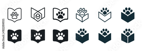 Set of paw print book icons in various styles for libraries or pet reading programs