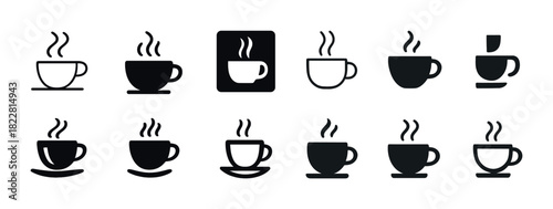 Variety of coffee cup icons with steam in black and white styles