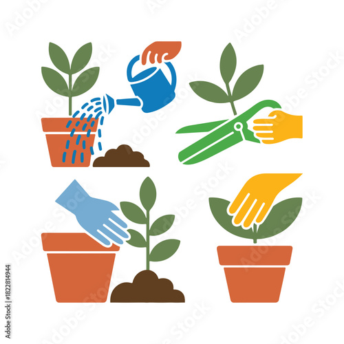 Gardening icons showing watering planting pruning and repotting plants vector