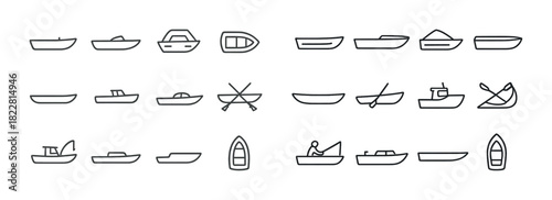 Minimalist boat icon set: various boat designs in simple line art