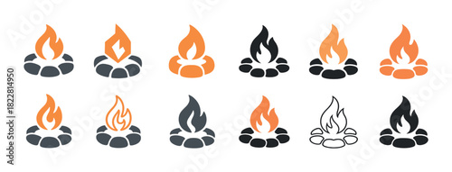 Collection of campfire icons with varying flame styles and colors