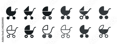 Collection of baby stroller icons in various styles and designs