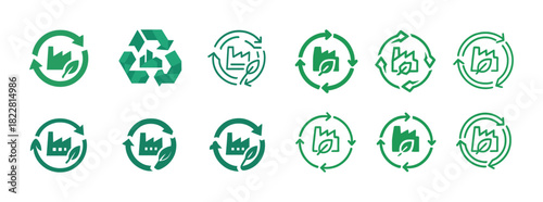 Green factory recycling icons collection with arrows and leaves