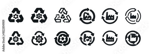 Recycle and industry icon set: gear, factory, arrows, eco-symbols collection