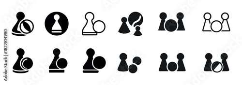 Abstract game piece icons in black and white - simple circle and pawn variations