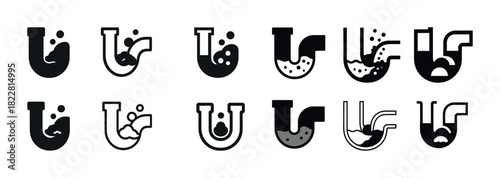 Set of 12 clogged pipe icons showing water and debris blockages