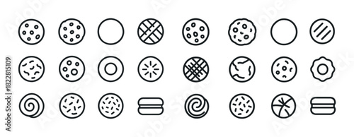 Assorted cookie icon set: round, patterned, swirl, dot, line designs