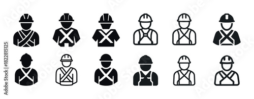 Collection of worker icons in various safety gear with helmets