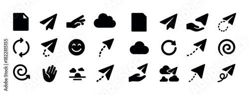 Set of communication and file transfer icons in black silhouette style