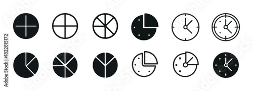 Set of 12 round black clock and chart icons with various designs