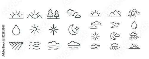Minimalistic weather and nature icon set featuring sun, moon, clouds, and trees