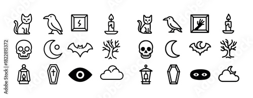 Spooky halloween icons collection: cats, ravens, skulls, bats, moons, trees, candles, coffins