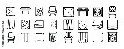Home decor icons: furniture, textiles, and interior design elements set