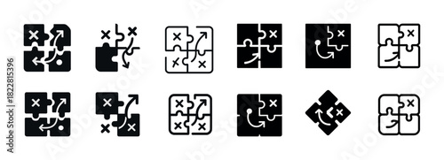 Puzzle strategy icons set: x and o symbols in various styles