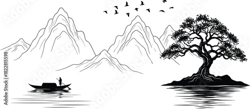 Traditional Asian landscape drawing black and white vector illustration with stylized mountains bonsai tree boat on water and flying birds isolated on white background