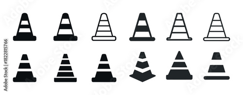 Traffic cone icons set: different styles and designs in black and white