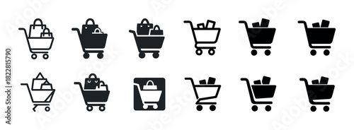 Set of shopping cart icons with bags